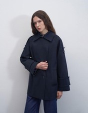KK Design Womens Cuff Detailed Cotton Trench Coat Designer Jacket Navy Blue