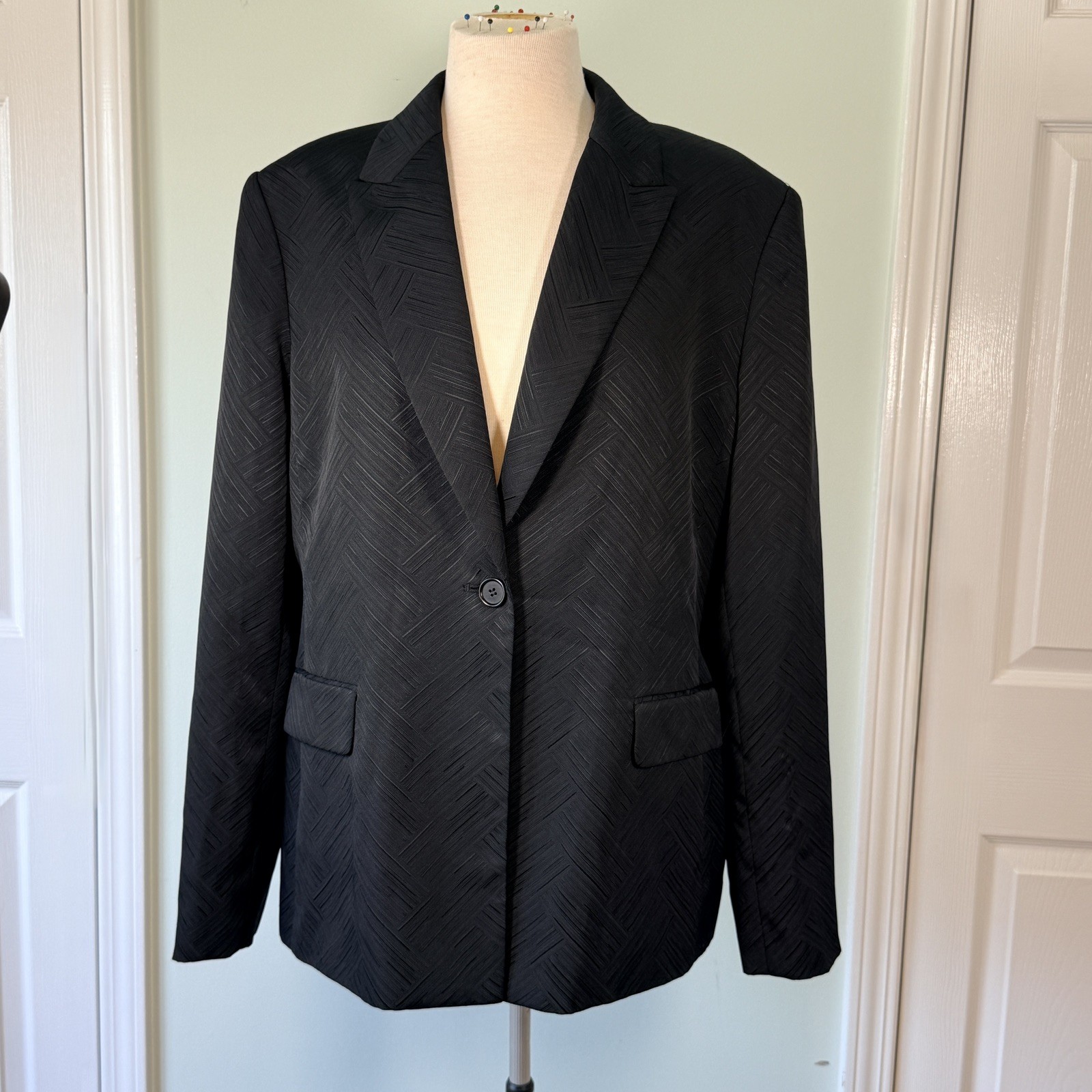 ALFANI Women’s Blazer Size 16 Black Textured Geographic Corporatecore