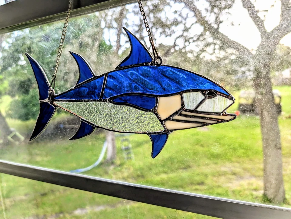Stained Glass Blue Fin Tuna Fish, Fish Wall Or Window Art, 12W By 6H In Foto 2 de 4