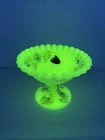 Fenton Ruffled Satin Custard Uranium Glass Vase Pedestal Hand Painted Flowers