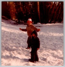Vtg Color Snapshot Children Playing In Snow Winter Woods Red Knit Hat 1970s