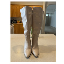Beige Knee High Block Heel Faux Leather Pointed Toe Boots with Zip Closure