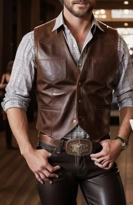 MEN'S GENUINE VINTAGE LEATHER VEST WESTERN STYLE VEST BROWN LEATHER WAISTCOAT