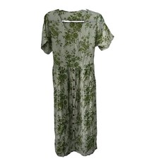 Green Botanical CottageCore Boho Prairie Wood Button Tie Midi Tea Dress Vintage