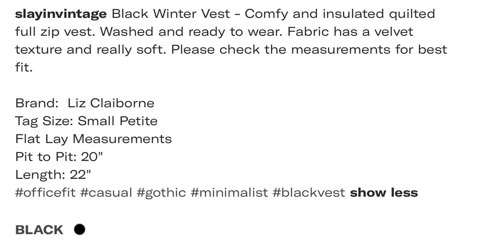 Black Velvet Winter Quilted Vest Size Small Petite - Image 3 of 4