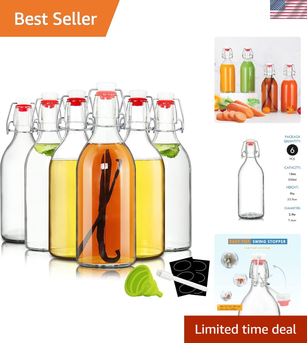 16oz Reusable Swing Top Set 6 With Caps Labels Funnel