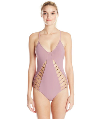 MARA HOFFMAN Lattice Maillot Braided Bead Cutout Pink Swimsuit One-Piece Small