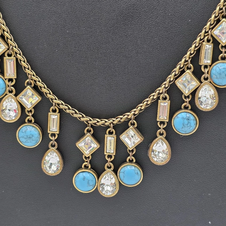Collar Colgante Ann Taylor Tono Oro Cadena Turquesa Cristales Blancos 30" Foto 2 de 4