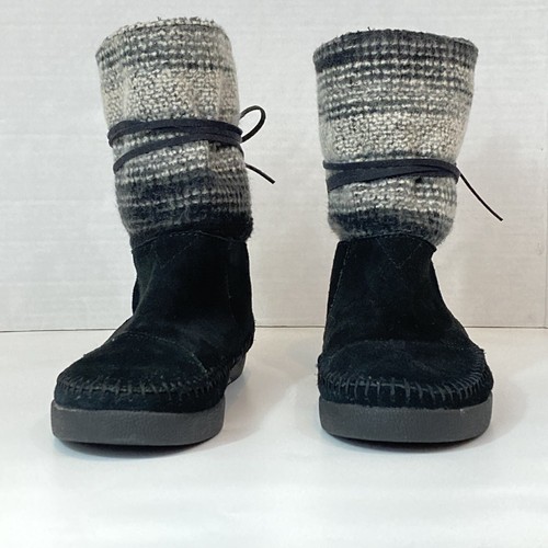 Toms Nepal Black Gray Mid Calf Boots Suede Leather Faux Fur Striped Size 6 - Picture 3 of 9