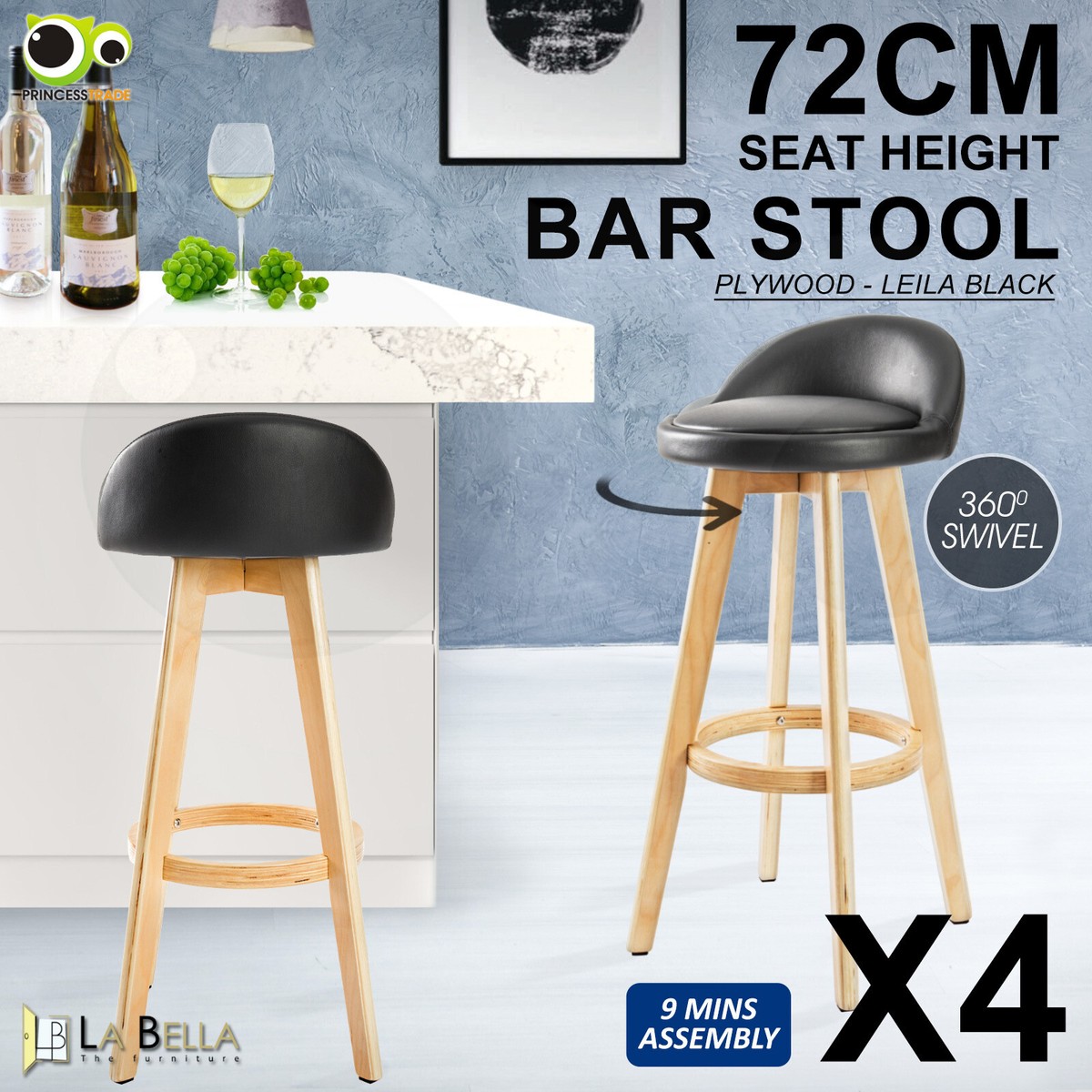 4X Wooden Bar Stool Swivel Barstools Dining Chair Kitchen Leather LEILA  BLACK