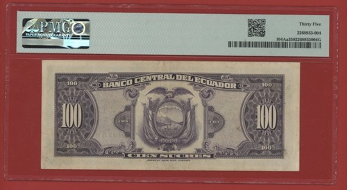 ECUADOR 100 SUCRES 1957 PN PICK # 104Aa PMG 35 CHOICE VEY FINE. - Picture 2 of 2