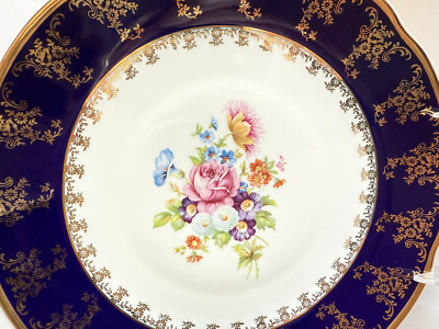 Leander Cake Plate Gold Trim Flowers Rose Serving Plate Dish 1907 Czech Republic