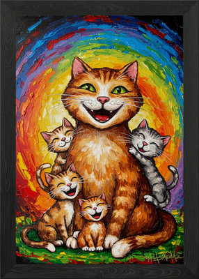 Glückliche Katzen Familie Gemälde gerahmt Wandbild Poster Leinwanddruck Bild