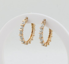 18k Gold Over Sterling Silver Hoop Earrings Tiny Diamond Accents 1" Hoops