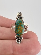 Vintage Navajo Sterling Silver Webbed Bisbee Turquoise Stamped Flower Ring #4