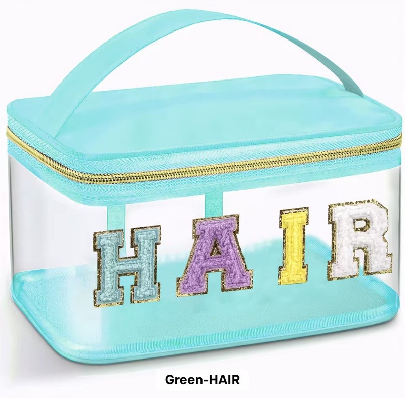 Chenille Letter Clear Makeup Bags Hair Pouch, Preppy Patch Makeup Bag Zipper wi