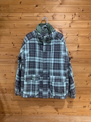 Burton Men's Snowboard Jacket Coat Hooded Green And Grey Plaid Sz