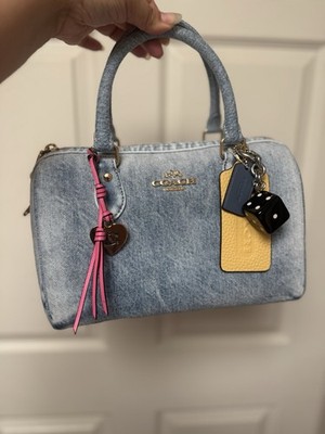 NWT Coach CDY74 Rowan Satchel Bag In Loved Denim With Charms Gold/Light Indigo