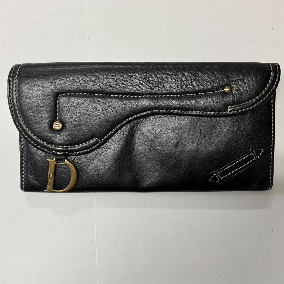 [Used] Christian Dior Women Saddle Long Black Gaucho Leather Wallet Authentic