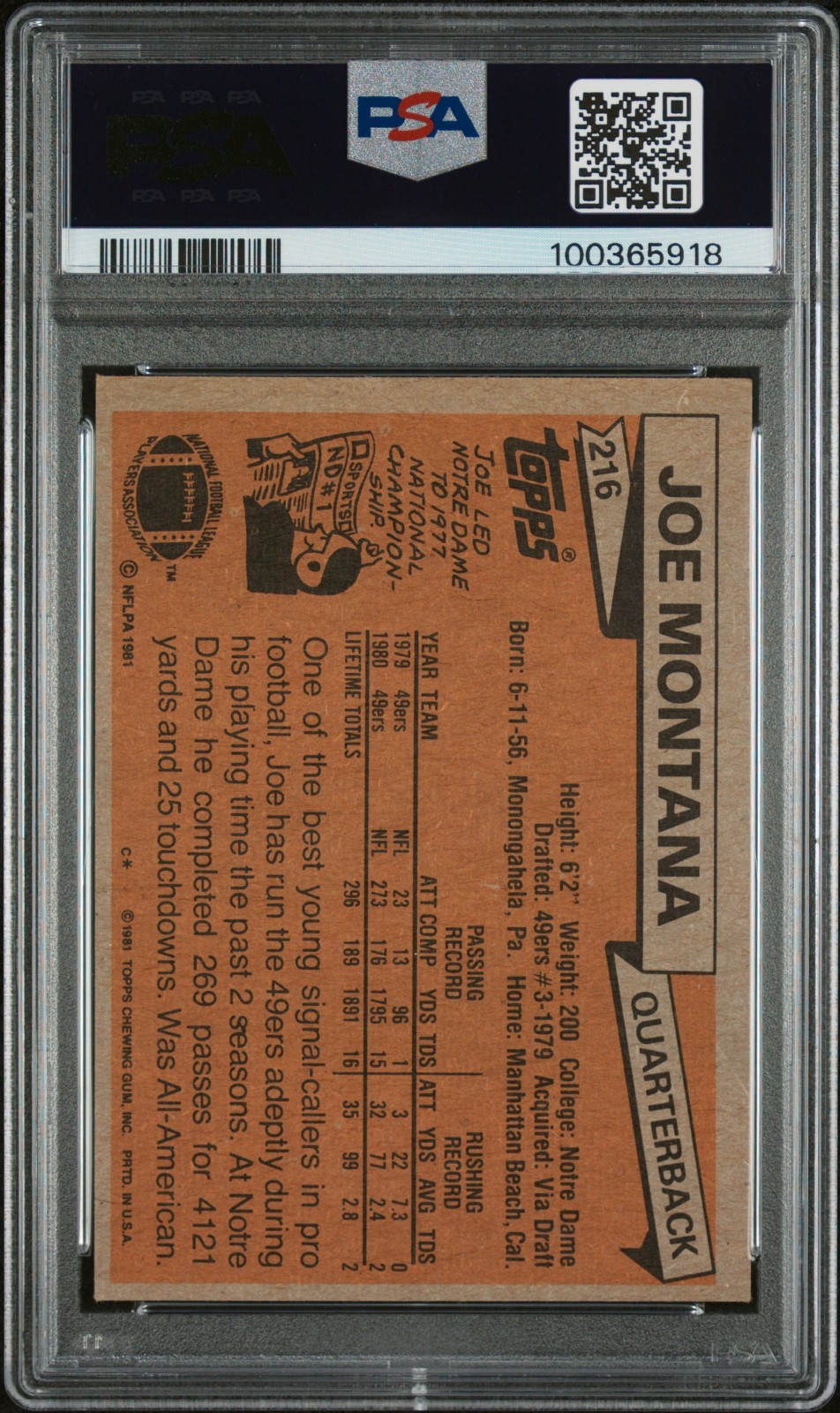 1981 TOPPS JOE MONTANA ROOKIE CARD #216 PSA 6 EX-MT SAN FRANCISCO 49ERS view 2