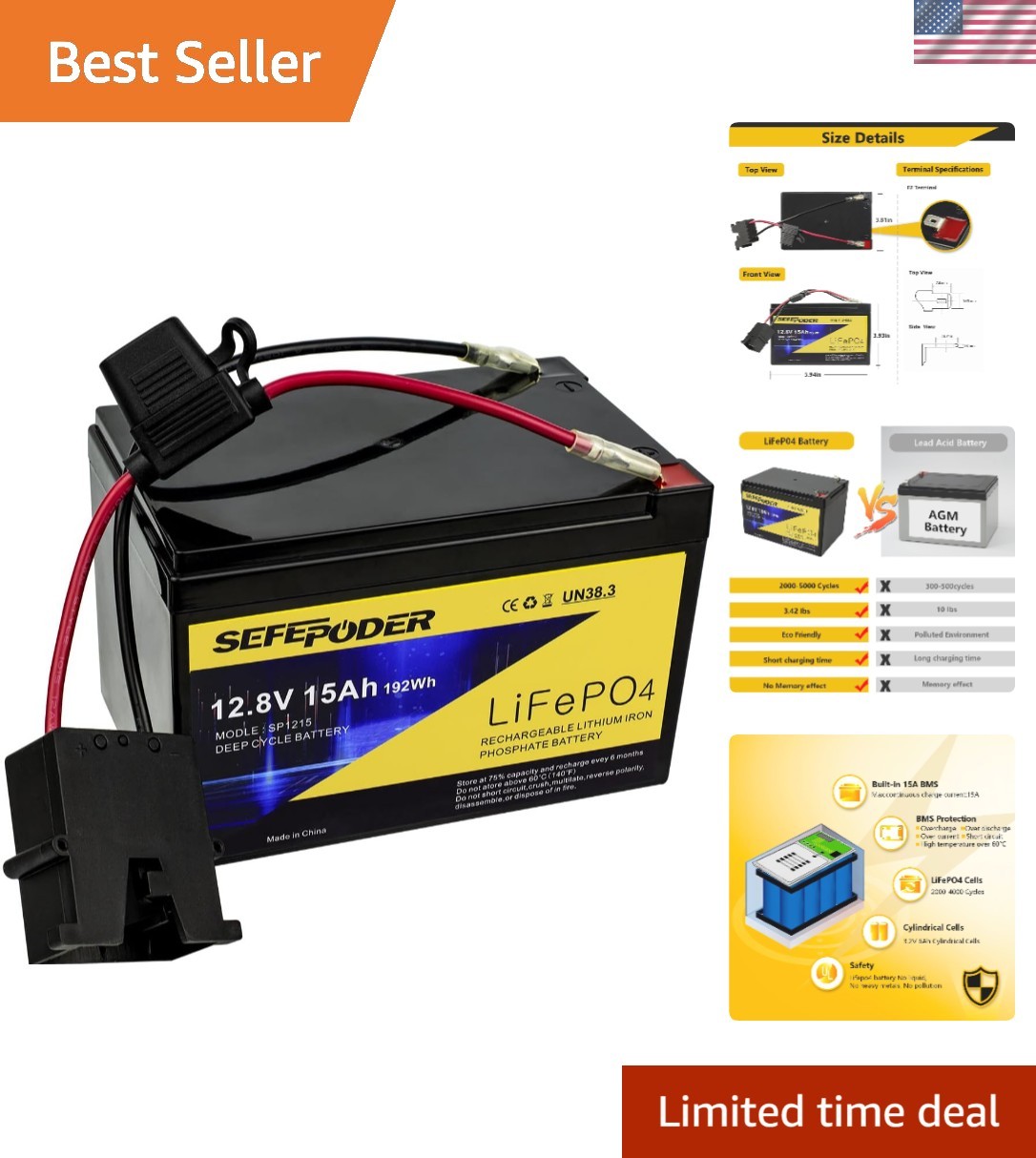 Durable 12V 15Ah Lithium Ion Battery with Safety Features for Power Wheels