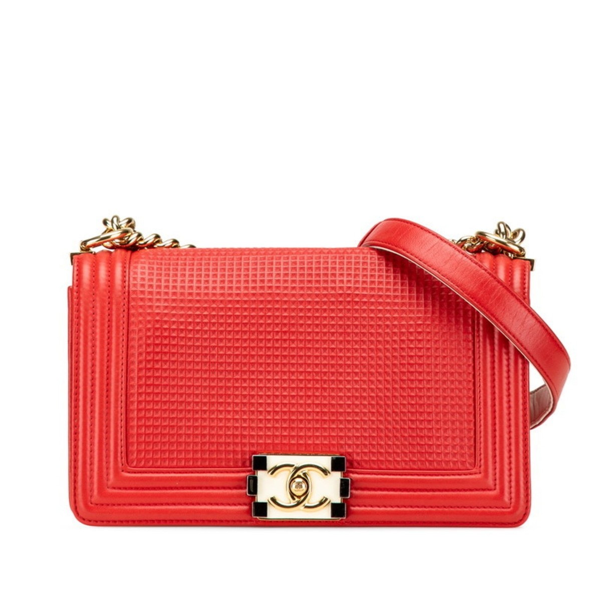 CHANEL Boy Chanel 25 Coco Mark Waffle Chain Shoulder Bag Red