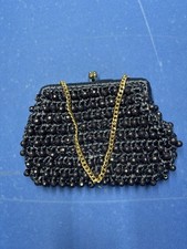 Vintage Black Beaded Purse Kiss Lock Chain Bag by Donna John Wind Imports Japan