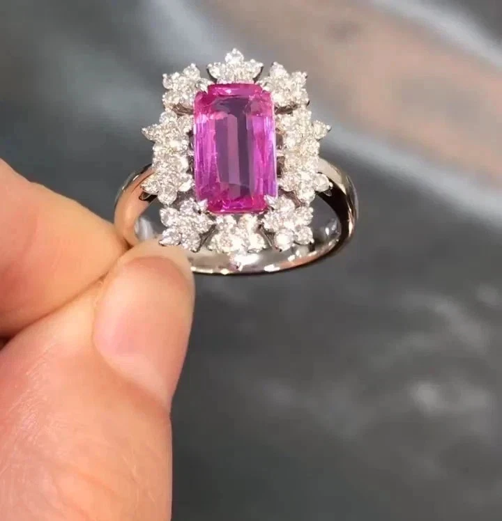 3.41Ct Emerald Cut Natural Pink Sapphire Diamond Wedding Ring 14K White Gold 6 7 - Image 3 of 4