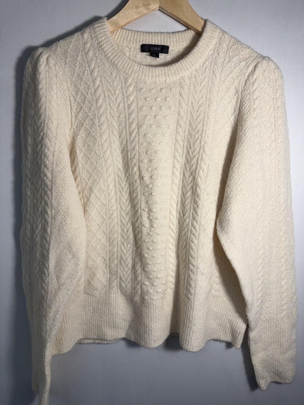 Cream Cable Knit Bobble Sweater Merino Alpaca Blend Puff Sleeve J.Crew L