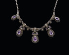 Amethyst & Marcasite Chain Necklace 925 Sterling Silver Art Deco