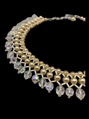 Vintage Japanese Faux Pearl Aurora Borealis Collar Necklace Dangles - Picture 3 of 10