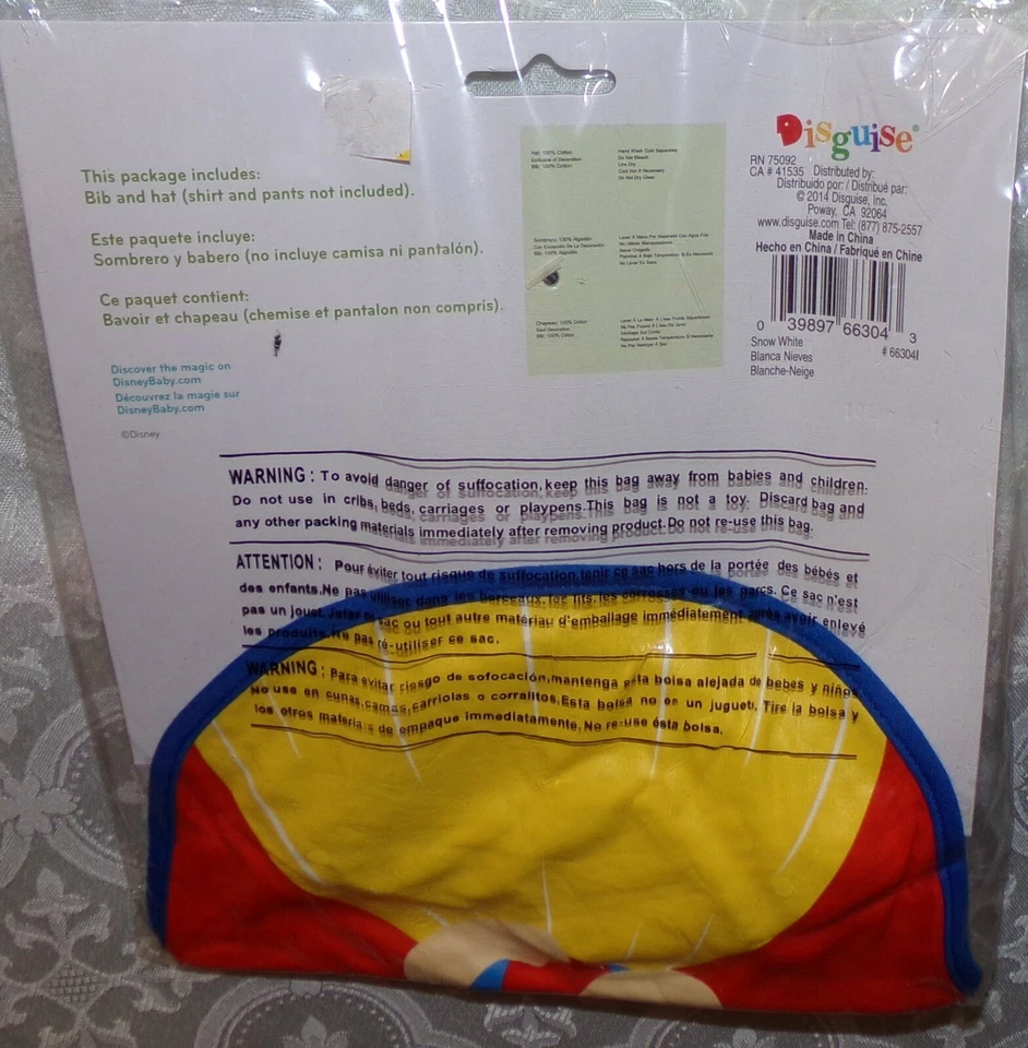 Disney Bebé Blancanieves Babero Sombrero Nuevo 12M 12 Mos Disfraz Infantil Foto 4 de 4