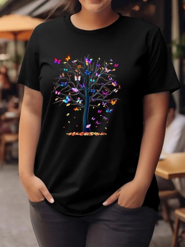 Plus size fashion casual Colorful Butterfly Tree T-shirt Women Clothing - Picture 2 of 12