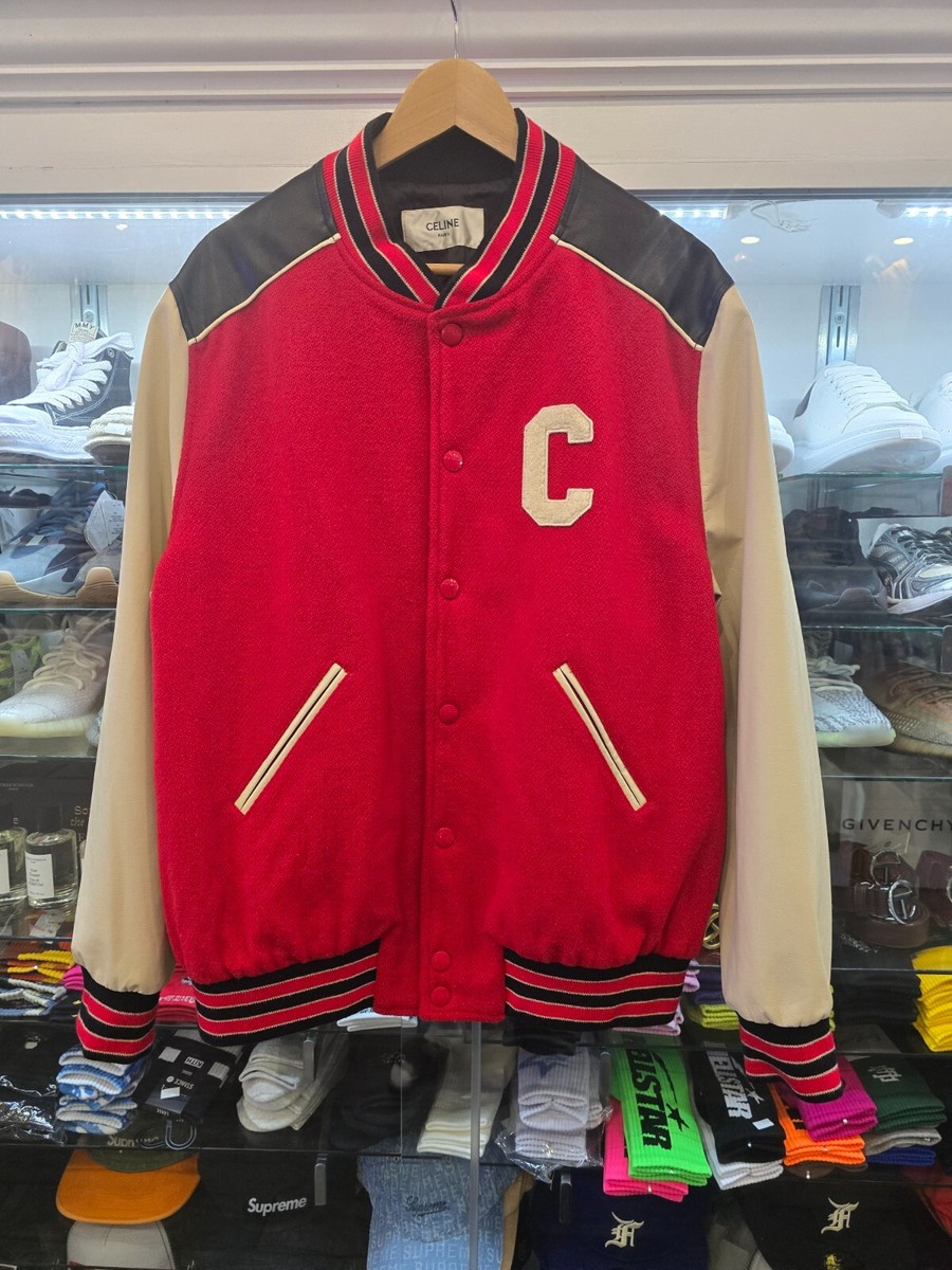 Celine Varsity Teddy Jacket In Textured Wool In Red Multi Size 50
