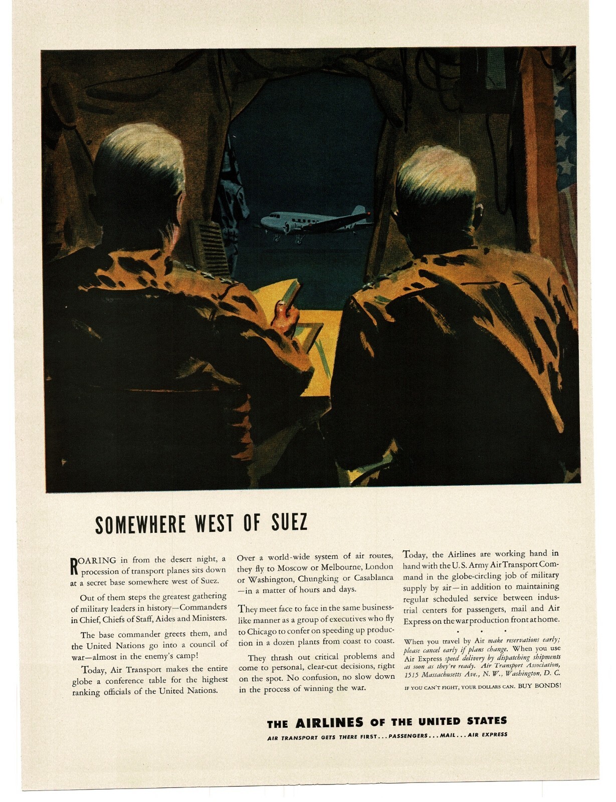1943 Airlines Of the United States desert airfield WWII Vintage Print Ad