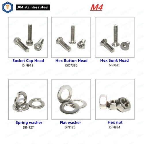 M4 Allen Hex Socket Cap Head,Button Head,Sunk Head Screws Bolt, Washer