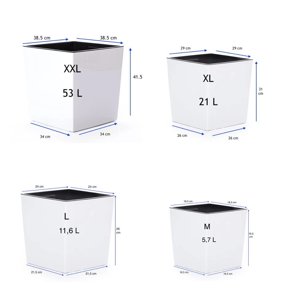 Blumenkübel Hochglanz Übertopf Eckig Blumentopf Einsatz Weiß  Set 4 M+L+XL+XXL - Bild 2 von 4