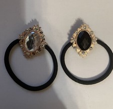 2 Vintage White Black Bejeweled Gold Diamant Cabochon Ponytail Holders