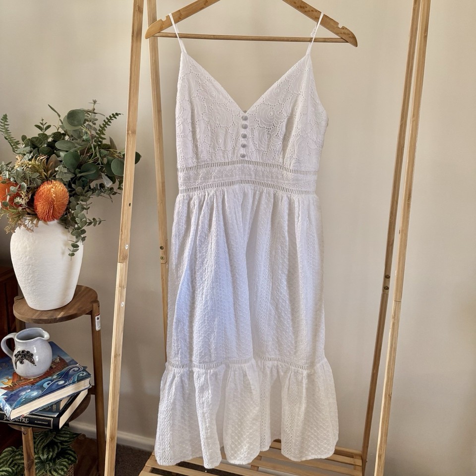 Aqua White Lace Eyelet V-Neck Strappy Sleeveless Midi A-Line Dress