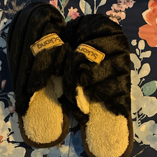 Women's Size 7 Black Faux Fur Slip-On Open Toe Slippers Plush Footbed