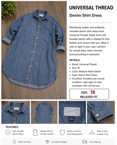 Universal Thread Women's Plus 18 Blue Denim Shirt Dress Button Front Pockets