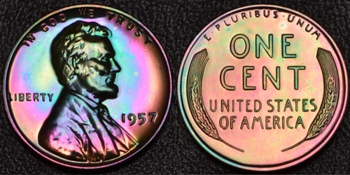 1957 PROOF Lincoln Wheat 1 One Cent MONSTER Rainbow Toning (60-13)