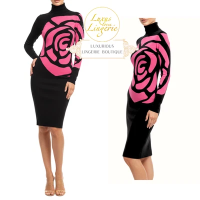 ROSES DRESS by Wolford XS black pink Rollkragen Kleid Rosen Design Langarm - Bild 1 von 3
