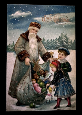 Long Green Robe Santa Claus with Children~Toys~Antique Christmas Postcard~r~90