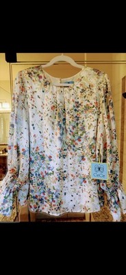 CeCe Charmeuse Floral Blouse 2X Long Sleeve Smocked Cuffs Ruffle Accents