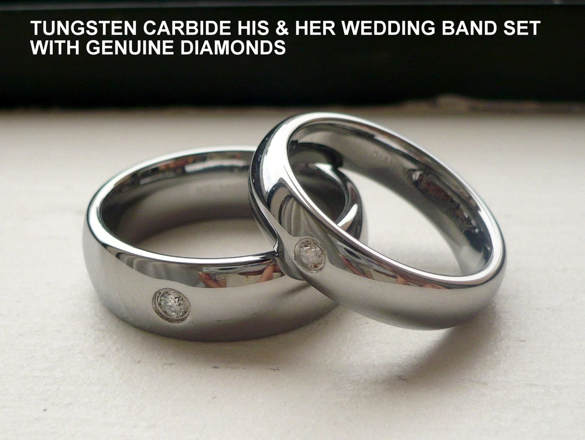 Tungsten Carbide His and Her Wedding Band Ring set REAL DIAMONDS 5 7mm SIZE 4 14