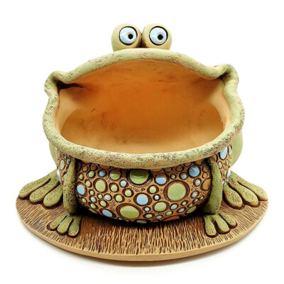Frog Ceramic Planter Clay Toad Plant Flower Pot Cachepot Handmade Brown Herb Pot