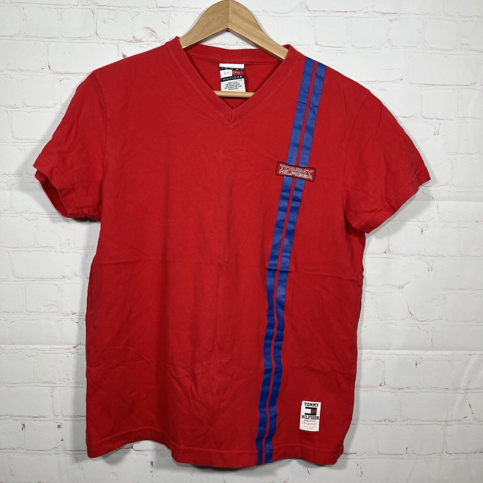 Vintage Tommy Hilfiger T Shirt Womens Size Large Red Striped V Neck Made In USA