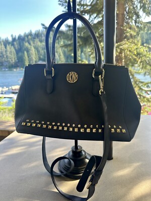 DKNY Donna Karan Studded Navy Saffiano Vegan Leather Satchel  display picture 3