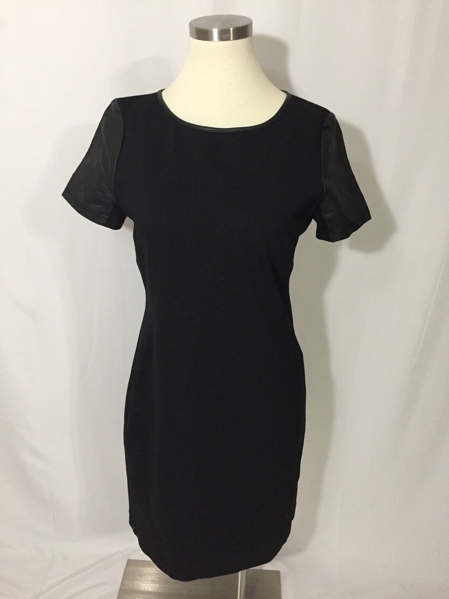 Banana Republic Black Ponte Faux Leather Sleeve Sheath Stretch Dress 8 Nice!